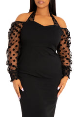 Contrast Polka Dot Halter Neck Puff Sleeve Midi Dress