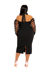 Contrast Polka Dot Halter Neck Puff Sleeve Midi Dress