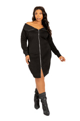 Off Shoulder Zip-up Sweater Dress