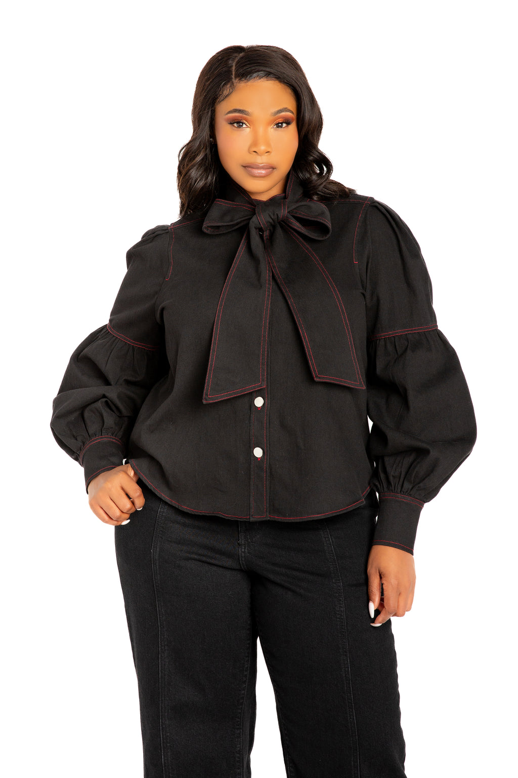 Bow Neck Puff Sleeve Denim Blouse – Buxom Couture