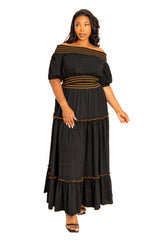 Buxom Couture Curvy Women Plus Size Smocking Top and Skirt Set Black