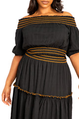 Buxom Couture Curvy Women Plus Size Smocking Top and Skirt Set Black