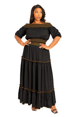 Buxom Couture Curvy Women Plus Size Smocking Top and Skirt Set Black