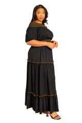 Buxom Couture Curvy Women Plus Size Smocking Top and Skirt Set Black