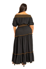 Buxom Couture Curvy Women Plus Size Smocking Top and Skirt Set Black