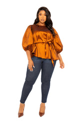 Tie Waist Voluminous Sleeve Blouse