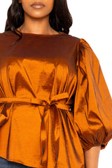 Tie Waist Voluminous Sleeve Blouse