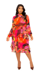 Buxom Couture Curvy Women Plus Size Print Long Sleeve Tiered Ruffle Dress Pink Multi