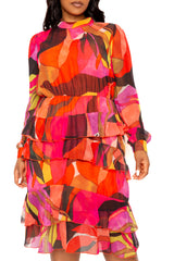 Buxom Couture Curvy Women Plus Size Print Long Sleeve Tiered Ruffle Dress Pink Multi