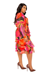 Buxom Couture Curvy Women Plus Size Print Long Sleeve Tiered Ruffle Dress Pink Multi