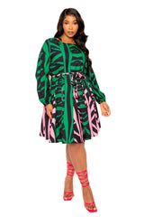 Buxom Couture Curvy Women Plus Size Contrast Print Flare Mini Dress Green Pink Multi