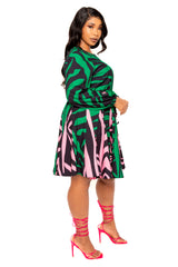 Buxom Couture Curvy Women Plus Size Contrast Print Flare Mini Dress Green Pink Multi