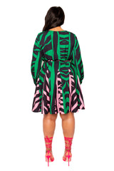 Buxom Couture Curvy Women Plus Size Contrast Print Flare Mini Dress Green Pink Multi