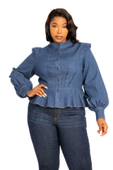 Long Sleeve Denim Peplum Blouse