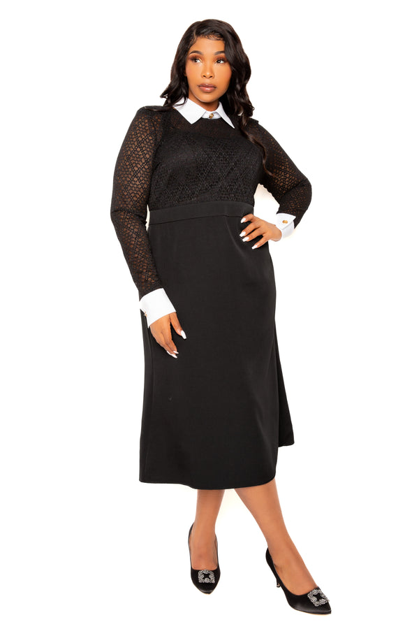 Buxom Couture Curvy Women Plus Size Lace Midi Dress with Detachable Collar and Cuffs Black