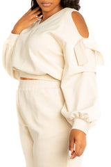 Buxom Couture Curvy Women Plus Size Cut-out Shoulder Scuba Lounge Set Beige