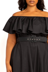 Buxom Couture Curvy Women Plus Size Off Shoulder Flounce High Low Dress LBD