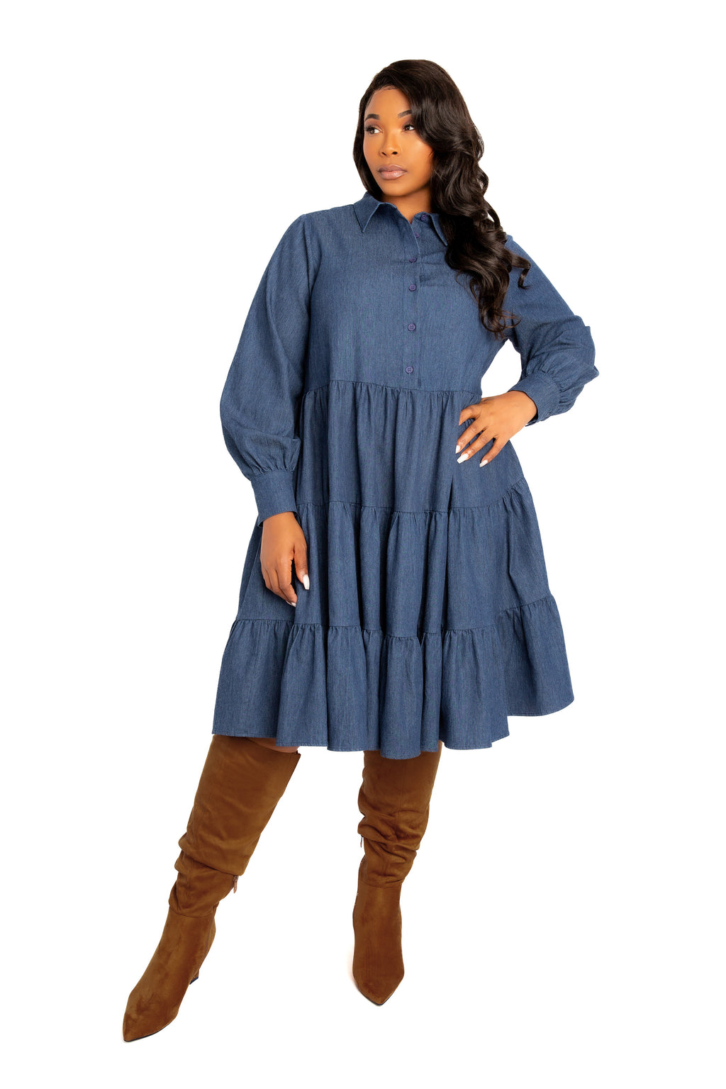 Buxom Couture Plus Size Denim Long Sleeve Tiered Shirt Dress