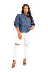 Buxom Couture Curvy Women Plus Size Bow Neck Short Sleeve Denim Blouse