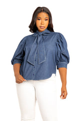 Buxom Couture Curvy Women Plus Size Bow Neck Short Sleeve Denim Blouse