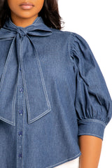 Buxom Couture Curvy Women Plus Size Bow Neck Short Sleeve Denim Blouse