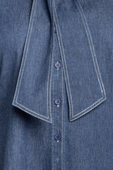 Buxom Couture Curvy Women Plus Size Bow Neck Short Sleeve Denim Blouse