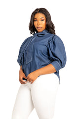 Buxom Couture Curvy Women Plus Size Bow Neck Short Sleeve Denim Blouse