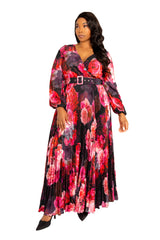 Buxom Couture Curvy Women Plus Size Floral Pleated Maxi Dress with Belt