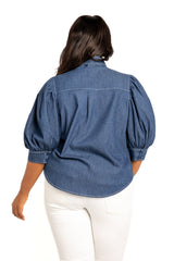 Buxom Couture Curvy Women Plus Size Bow Neck Short Sleeve Denim Blouse