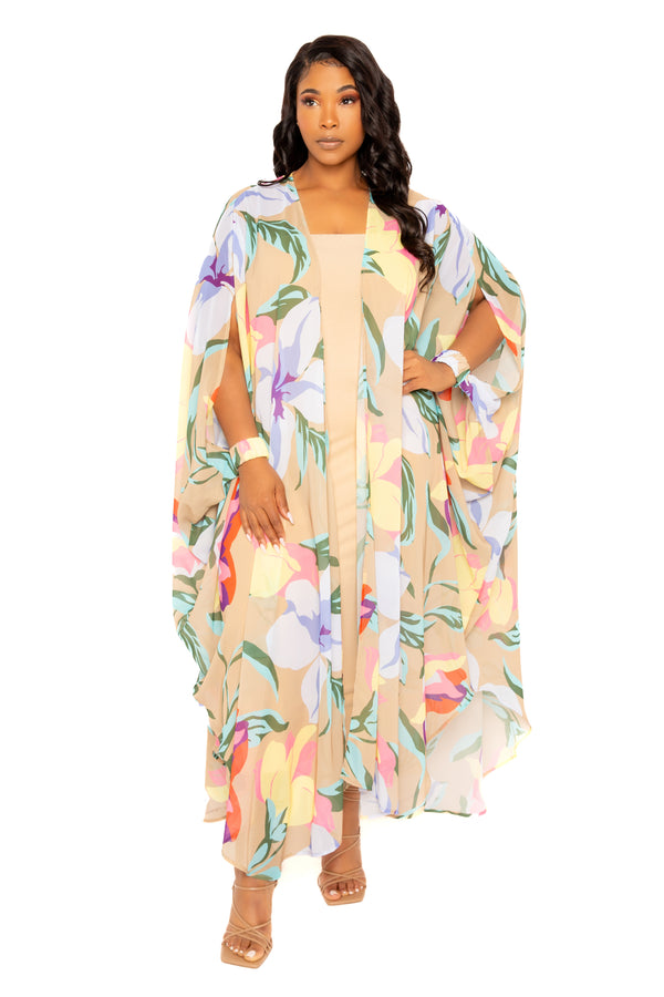 Buxom Couture Curvy Women Plus Size Floral Robe with Wrist Band Beige Floral
