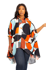 Buxom Couture Curvy Women Plus Size Geometric Print Flowy Hi lo Blouse Multi Orange