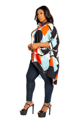 Buxom Couture Curvy Women Plus Size Geometric Print Flowy Hi lo Blouse Multi Orange