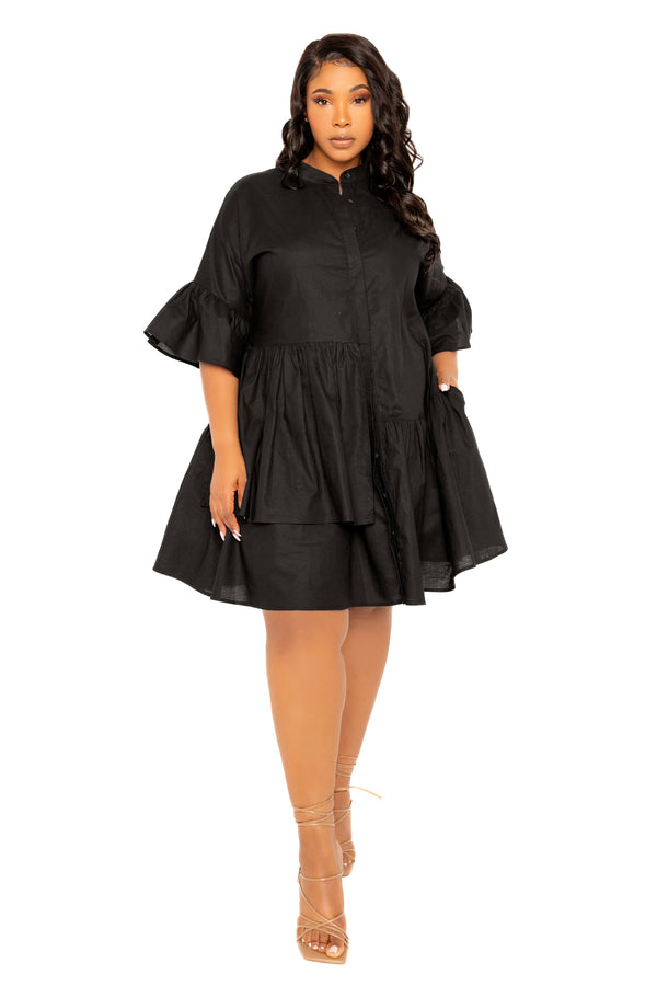 Buxom Couture Curvy Women Plus Size Linen Flutter Mini Dress Black