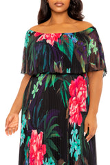 Floral Off Shoulder Pleated Maxi Dress