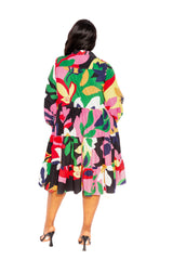 Buxom Couture Curvy Women Plus Size Floral Long Sleeve Tiered Shirt Dress Black