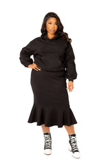 Buxom Couture Curvy Women Plus Size Scuba Hoodie and Peplum Skirt Set Black