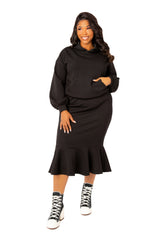 Buxom Couture Curvy Women Plus Size Scuba Hoodie and Peplum Skirt Set Black