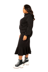 Buxom Couture Curvy Women Plus Size Scuba Hoodie and Peplum Skirt Set Black