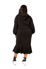 Buxom Couture Curvy Women Plus Size Scuba Hoodie and Peplum Skirt Set Black