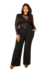 Buxom Couture Curvy Women Plus Size Long Sleeve Lace Bodysuit Black