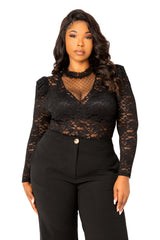 Buxom Couture Curvy Women Plus Size Long Sleeve Lace Bodysuit Black