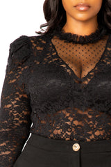 Buxom Couture Curvy Women Plus Size Long Sleeve Lace Bodysuit Black