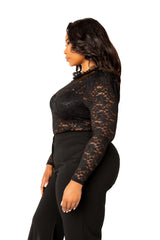 Buxom Couture Curvy Women Plus Size Long Sleeve Lace Bodysuit Black