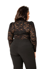Buxom Couture Curvy Women Plus Size Long Sleeve Lace Bodysuit Black