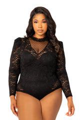 Buxom Couture Curvy Women Plus Size Long Sleeve Lace Bodysuit Black