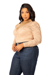 Buxom Couture Curvy Women Plus Size Long Sleeve Lace Bodysuit Khaki Nude Beige