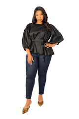 Tie Waist Voluminous Sleeve Blouse