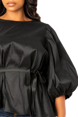 Tie Waist Voluminous Sleeve Blouse