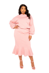 Buxom Couture Curvy Women Plus Size Scuba Hoodie and Peplum Skirt Set Peach Pink