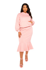 Buxom Couture Curvy Women Plus Size Scuba Hoodie and Peplum Skirt Set Peach Pink